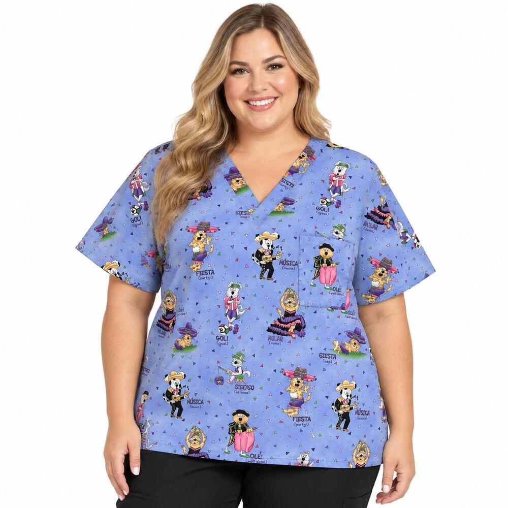 SB Scrub Top Womens 3XL Purple Dog Cat Fiesta Print V Neck Short Sleeve Pocket